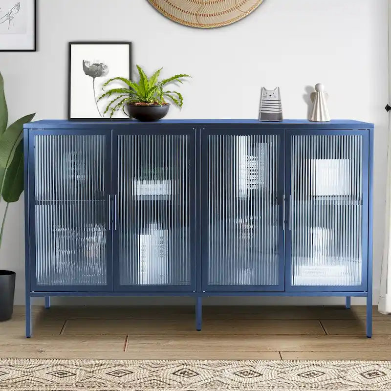 Credenza da cucina a 4 ante in vetro temperato con 4 ante in vetro, ripiano regolabile e piedini antiribaltamento, antipolvere, con vetro scanalato