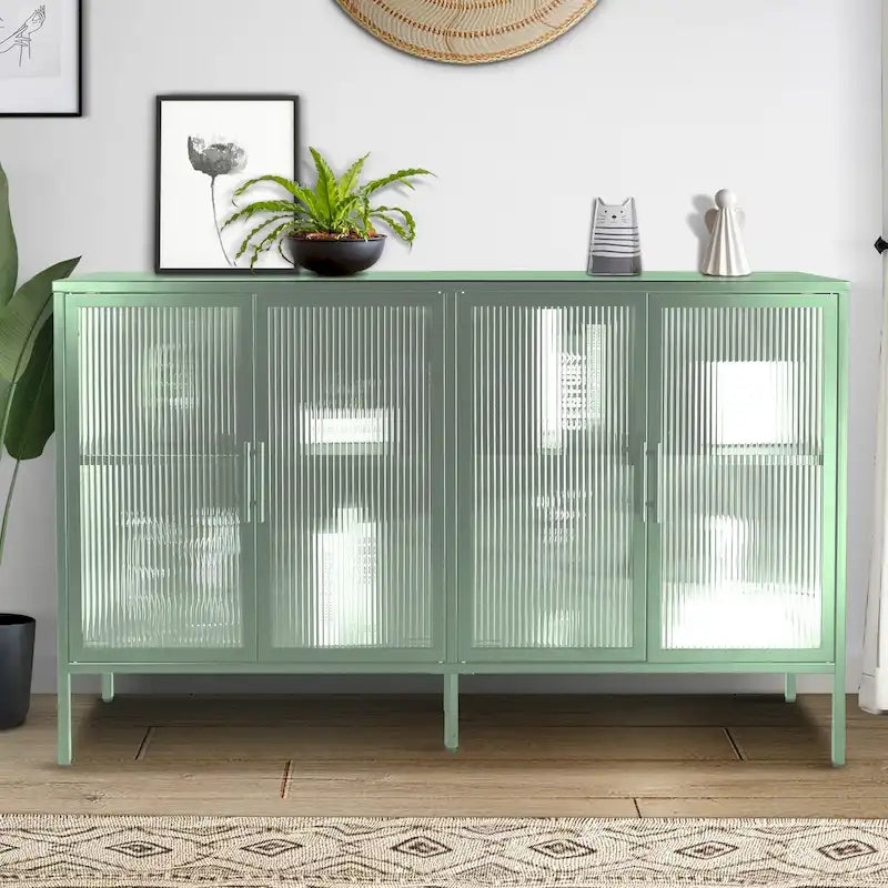 Credenza da cucina a 4 ante in vetro temperato con 4 ante in vetro, ripiano regolabile e piedini antiribaltamento, antipolvere, con vetro scanalato