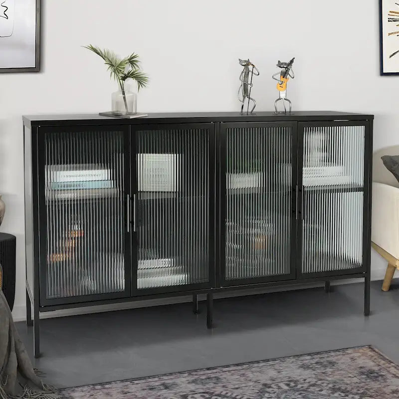 Credenza da cucina a 4 ante in vetro temperato con 4 ante in vetro, ripiano regolabile e piedini antiribaltamento, antipolvere, con vetro scanalato
