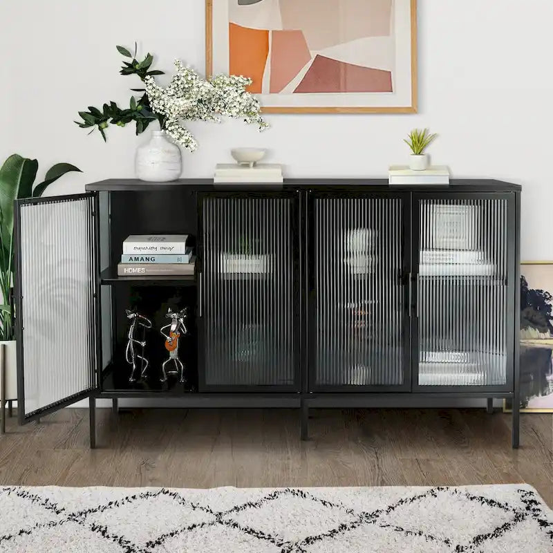 Credenza da cucina a 4 ante in vetro temperato con 4 ante in vetro, ripiano regolabile e piedini antiribaltamento, antipolvere, con vetro scanalato