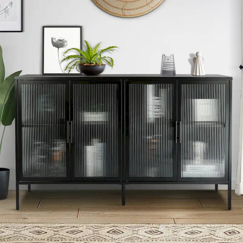 Credenza da cucina a 4 ante in vetro temperato con 4 ante in vetro, ripiano regolabile e piedini antiribaltamento, antipolvere, con vetro scanalato