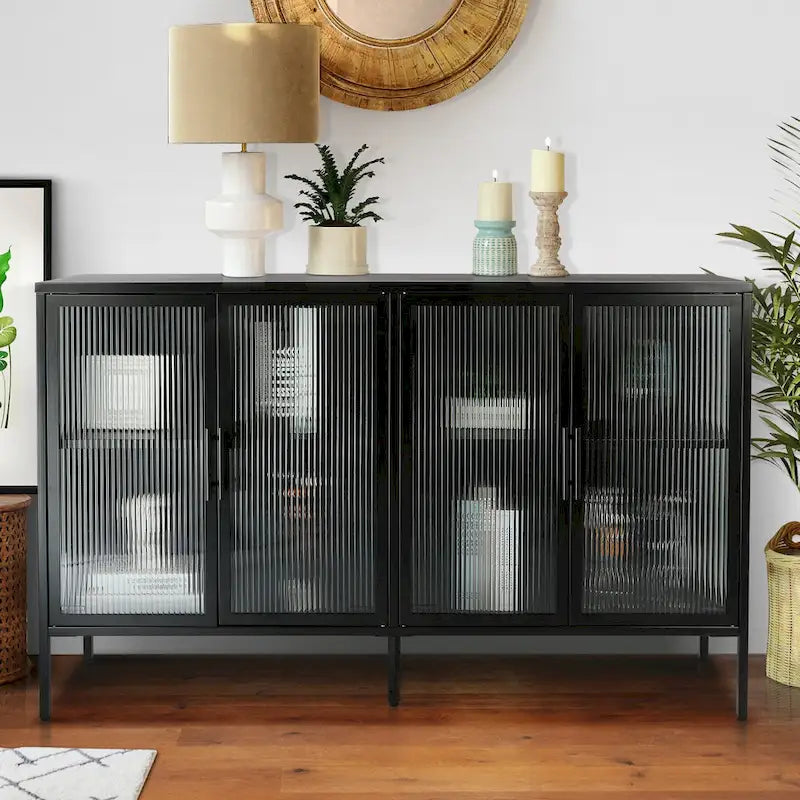 Credenza da cucina a 4 ante in vetro temperato con 4 ante in vetro, ripiano regolabile e piedini antiribaltamento, antipolvere, con vetro scanalato