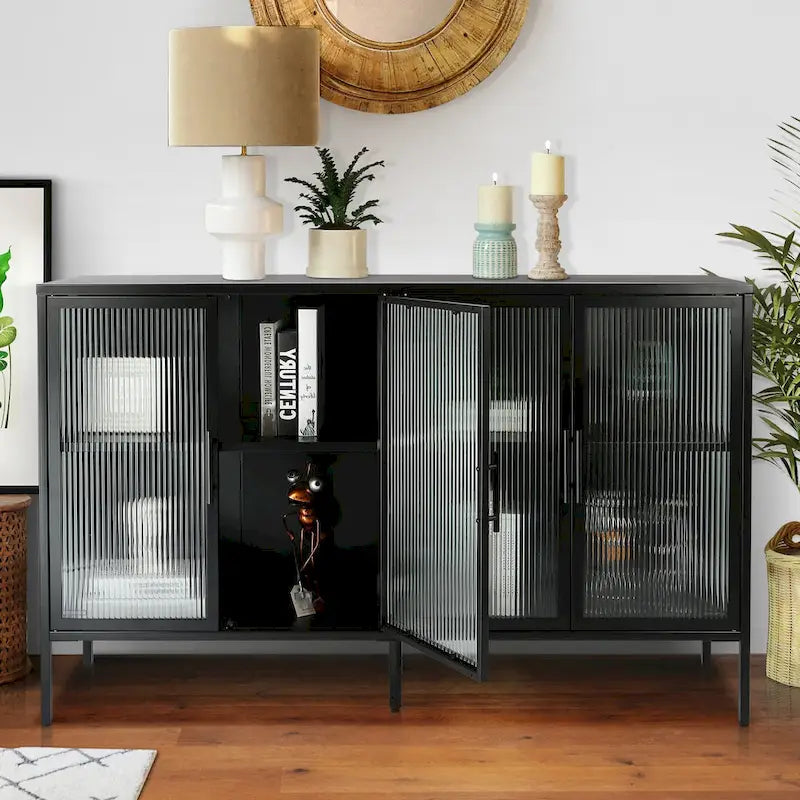 Credenza da cucina a 4 ante in vetro temperato con 4 ante in vetro, ripiano regolabile e piedini antiribaltamento, antipolvere, con vetro scanalato