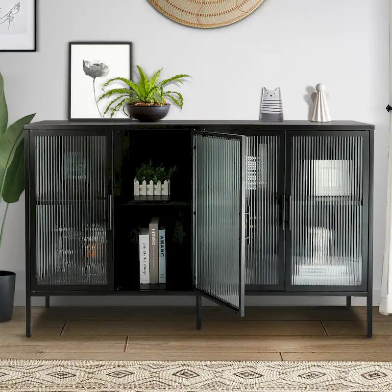 Credenza da cucina a 4 ante in vetro temperato con 4 ante in vetro, ripiano regolabile e piedini antiribaltamento, antipolvere, con vetro scanalato