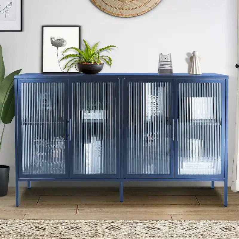 Credenza da cucina a 4 ante in vetro temperato con 4 ante in vetro, ripiano regolabile e piedini antiribaltamento, antipolvere, con vetro scanalato