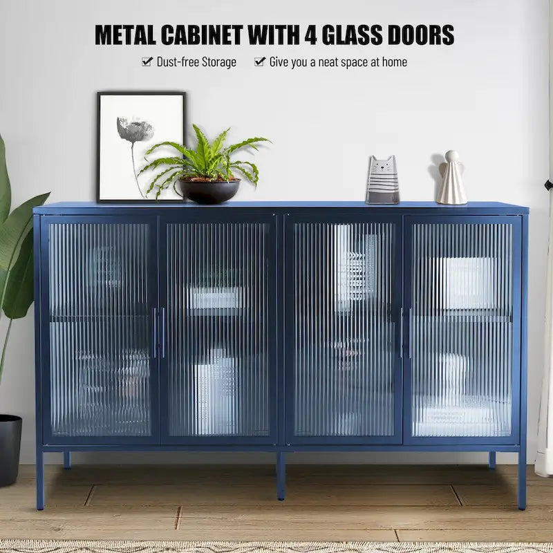 Credenza da cucina a 4 ante in vetro temperato con 4 ante in vetro, ripiano regolabile e piedini antiribaltamento, antipolvere, con vetro scanalato