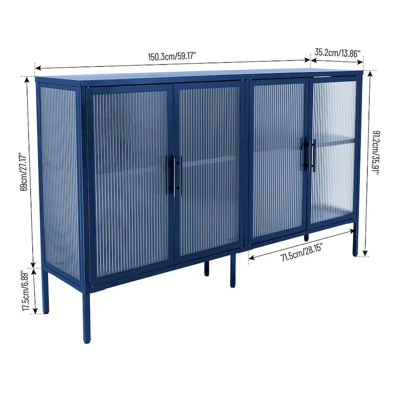 Credenza da cucina a 4 ante in vetro temperato con 4 ante in vetro, ripiano regolabile e piedini antiribaltamento, antipolvere, con vetro scanalato