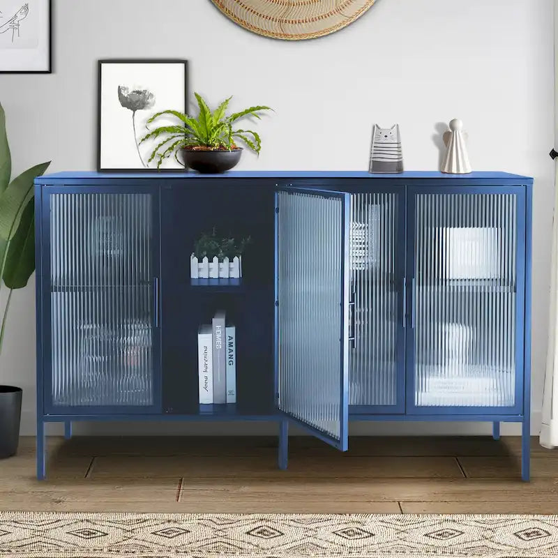 Credenza da cucina a 4 ante in vetro temperato con 4 ante in vetro, ripiano regolabile e piedini antiribaltamento, antipolvere, con vetro scanalato