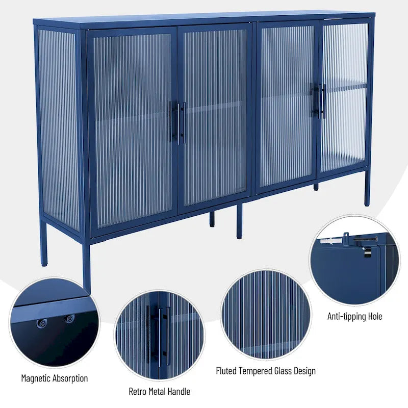 Credenza da cucina a 4 ante in vetro temperato con 4 ante in vetro, ripiano regolabile e piedini antiribaltamento, antipolvere, con vetro scanalato