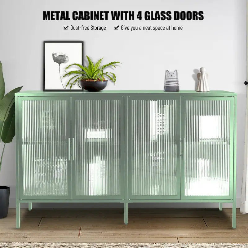 Credenza da cucina a 4 ante in vetro temperato con 4 ante in vetro, ripiano regolabile e piedini antiribaltamento, antipolvere, con vetro scanalato
