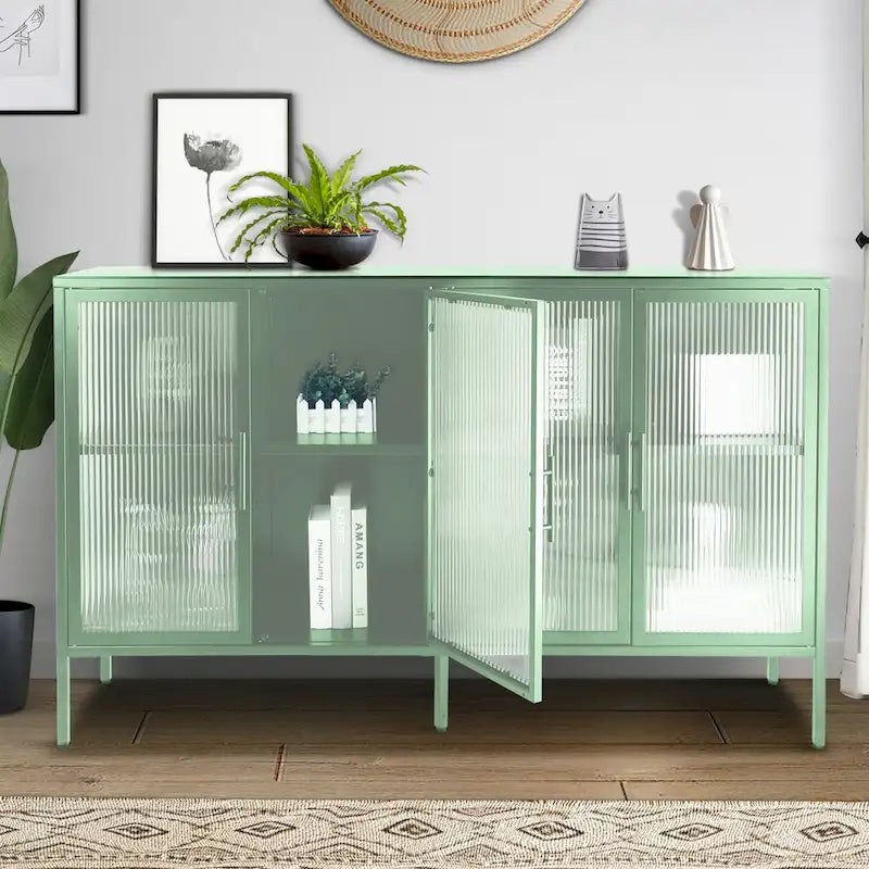 Credenza da cucina a 4 ante in vetro temperato con 4 ante in vetro, ripiano regolabile e piedini antiribaltamento, antipolvere, con vetro scanalato