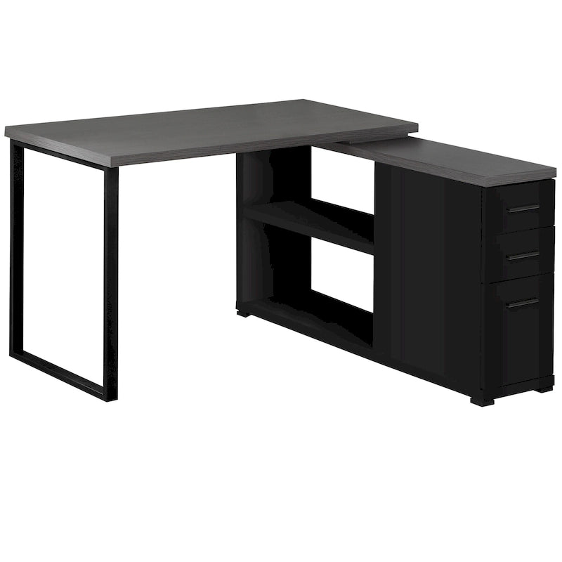 Scrivania angolare per computer in legno grigio con cassetti e base in metallo