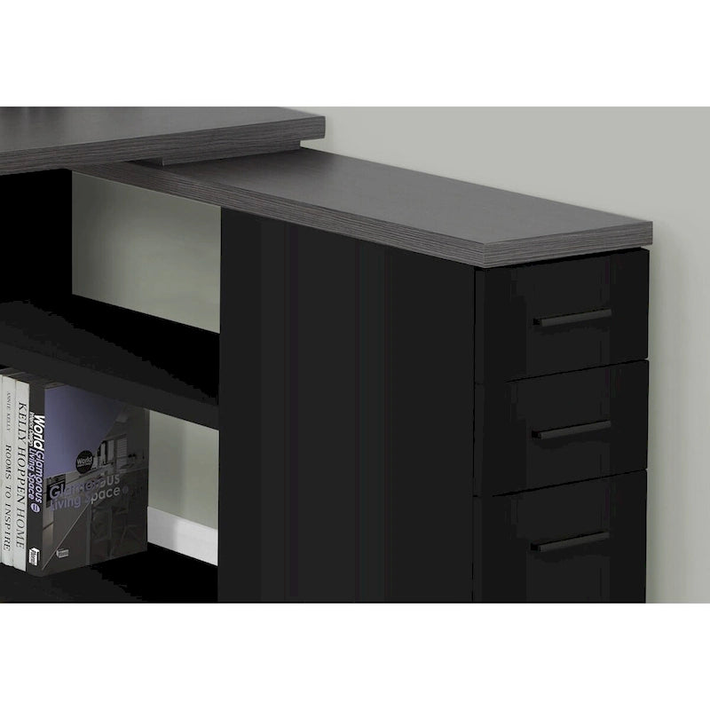 Scrivania angolare per computer in legno grigio con cassetti e base in metallo