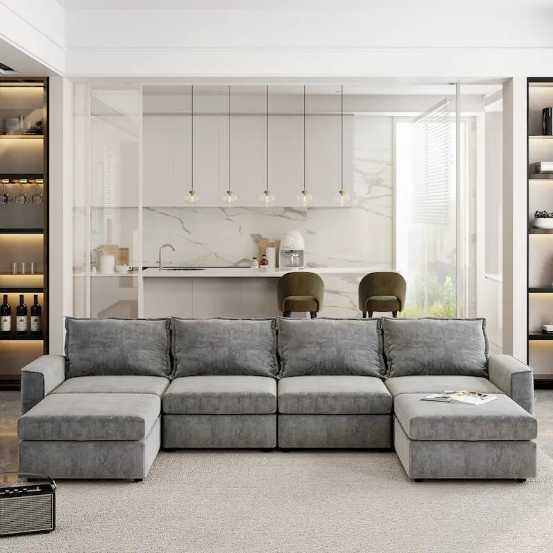 Divano componibile a U trasformabile a 6 posti grigio 115 con pouf, tessuto personalizzabile e braccioli reclinabili