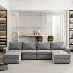 Divano componibile a U trasformabile a 6 posti grigio 115 con pouf, tessuto personalizzabile e braccioli reclinabili
