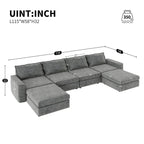 Divano componibile a U trasformabile a 6 posti grigio 115 con pouf, tessuto personalizzabile e braccioli reclinabili