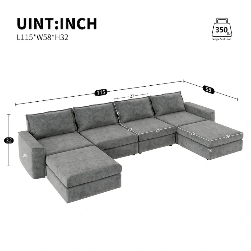 Divano componibile a U trasformabile a 6 posti grigio 115 con pouf, tessuto personalizzabile e braccioli reclinabili