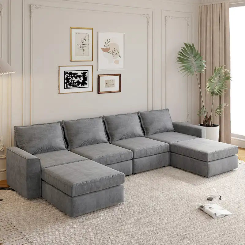 Divano componibile a U trasformabile a 6 posti grigio 115 con pouf, tessuto personalizzabile e braccioli reclinabili