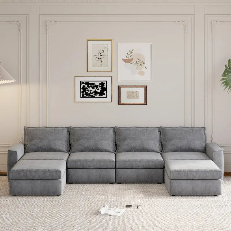 Divano componibile a U trasformabile a 6 posti grigio 115 con pouf, tessuto personalizzabile e braccioli reclinabili