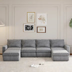 Divano componibile a U trasformabile a 6 posti grigio 115 con pouf, tessuto personalizzabile e braccioli reclinabili