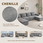 Divano componibile a U trasformabile a 6 posti grigio 115 con pouf, tessuto personalizzabile e braccioli reclinabili