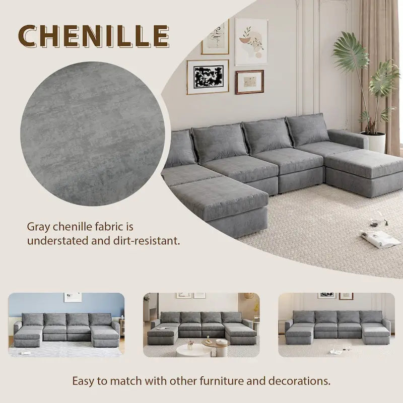 Divano componibile a U trasformabile a 6 posti grigio 115 con pouf, tessuto personalizzabile e braccioli reclinabili