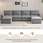 Divano componibile a U trasformabile a 6 posti grigio 115 con pouf, tessuto personalizzabile e braccioli reclinabili