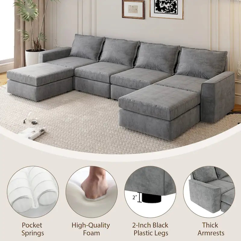 Divano componibile a U trasformabile a 6 posti grigio 115 con pouf, tessuto personalizzabile e braccioli reclinabili