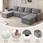 Divano componibile a U trasformabile a 6 posti grigio 115 con pouf, tessuto personalizzabile e braccioli reclinabili