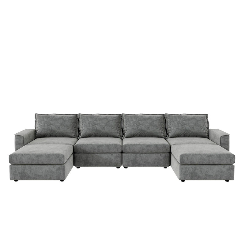 Divano componibile a U trasformabile a 6 posti grigio 115 con pouf, tessuto personalizzabile e braccioli reclinabili