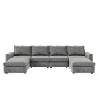 Divano componibile a U trasformabile a 6 posti grigio 115 con pouf, tessuto personalizzabile e braccioli reclinabili