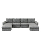 Divano componibile a U trasformabile a 6 posti grigio 115 con pouf, tessuto personalizzabile e braccioli reclinabili