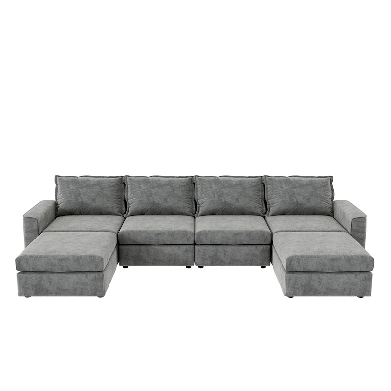 Divano componibile a U trasformabile a 6 posti grigio 115 con pouf, tessuto personalizzabile e braccioli reclinabili