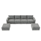 Divano componibile a U trasformabile a 6 posti grigio 115 con pouf, tessuto personalizzabile e braccioli reclinabili