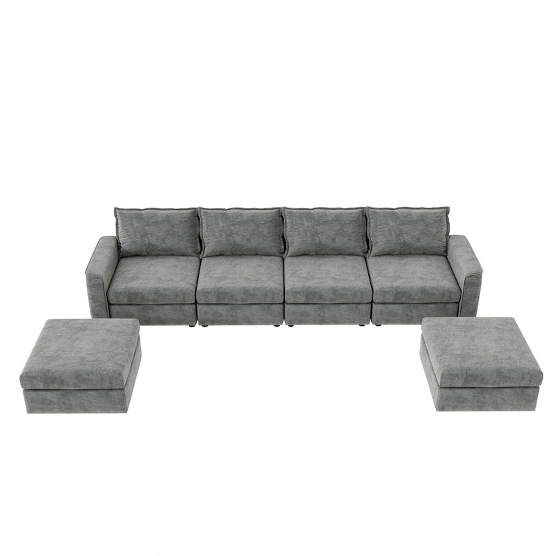 Divano componibile a U trasformabile a 6 posti grigio 115 con pouf, tessuto personalizzabile e braccioli reclinabili