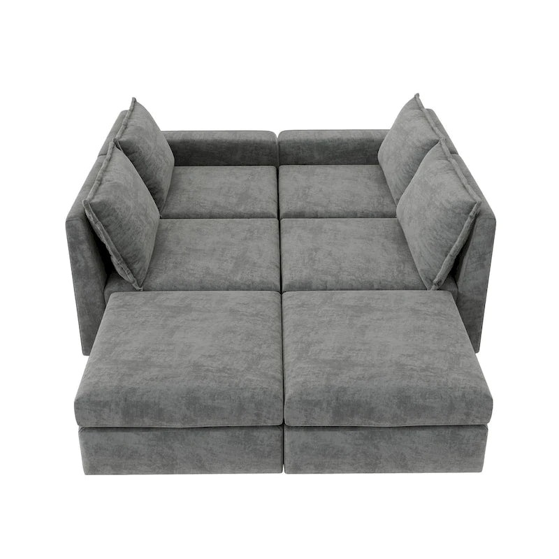 Divano componibile a U trasformabile a 6 posti grigio 115 con pouf, tessuto personalizzabile e braccioli reclinabili