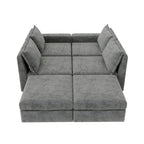 Divano componibile a U trasformabile a 6 posti grigio 115 con pouf, tessuto personalizzabile e braccioli reclinabili