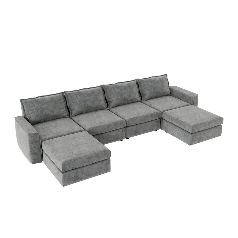 Divano componibile a U trasformabile a 6 posti grigio 115 con pouf, tessuto personalizzabile e braccioli reclinabili