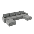 Divano componibile a U trasformabile a 6 posti grigio 115 con pouf, tessuto personalizzabile e braccioli reclinabili