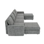 Divano componibile a U trasformabile a 6 posti grigio 115 con pouf, tessuto personalizzabile e braccioli reclinabili