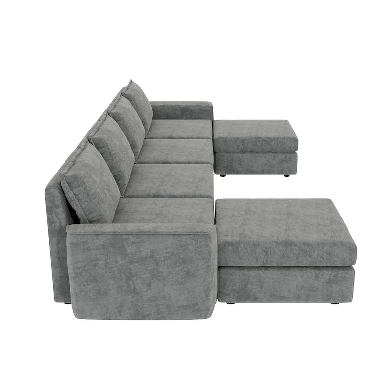 Divano componibile a U trasformabile a 6 posti grigio 115 con pouf, tessuto personalizzabile e braccioli reclinabili