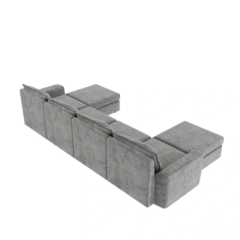 Divano componibile a U trasformabile a 6 posti grigio 115 con pouf, tessuto personalizzabile e braccioli reclinabili