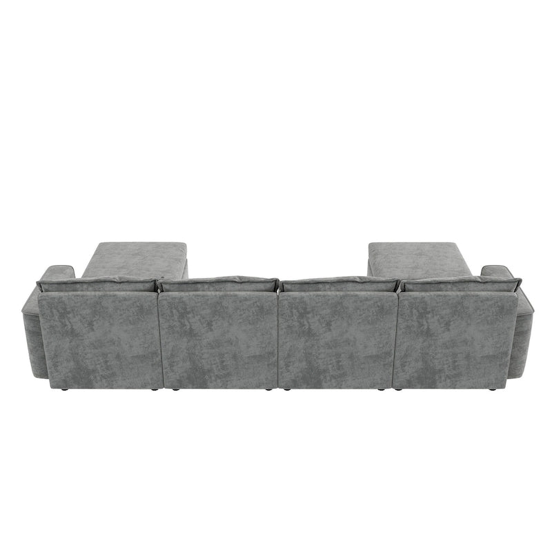 Divano componibile a U trasformabile a 6 posti grigio 115 con pouf, tessuto personalizzabile e braccioli reclinabili