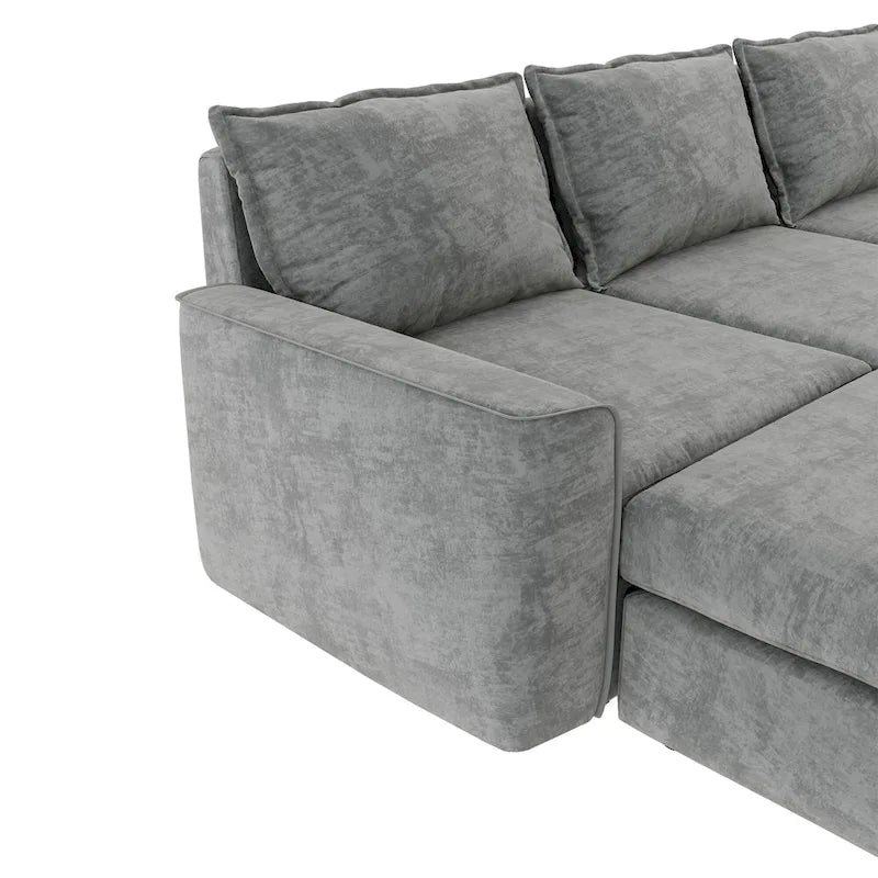 Divano componibile a U trasformabile a 6 posti grigio 115 con pouf, tessuto personalizzabile e braccioli reclinabili