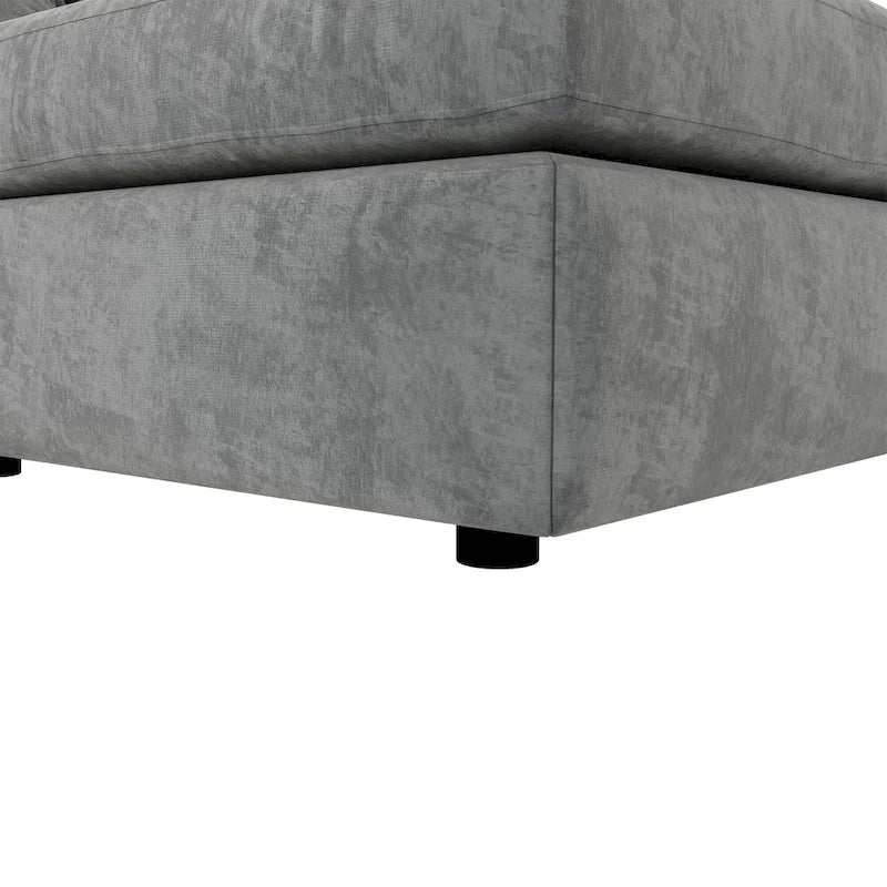 Divano componibile a U trasformabile a 6 posti grigio 115 con pouf, tessuto personalizzabile e braccioli reclinabili