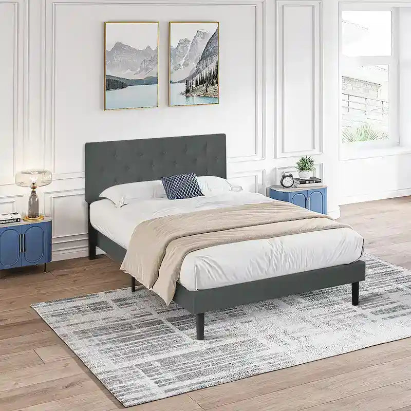 Struttura letto imbottita singola grigio scuro con testiera in lino trapuntata a bottoni