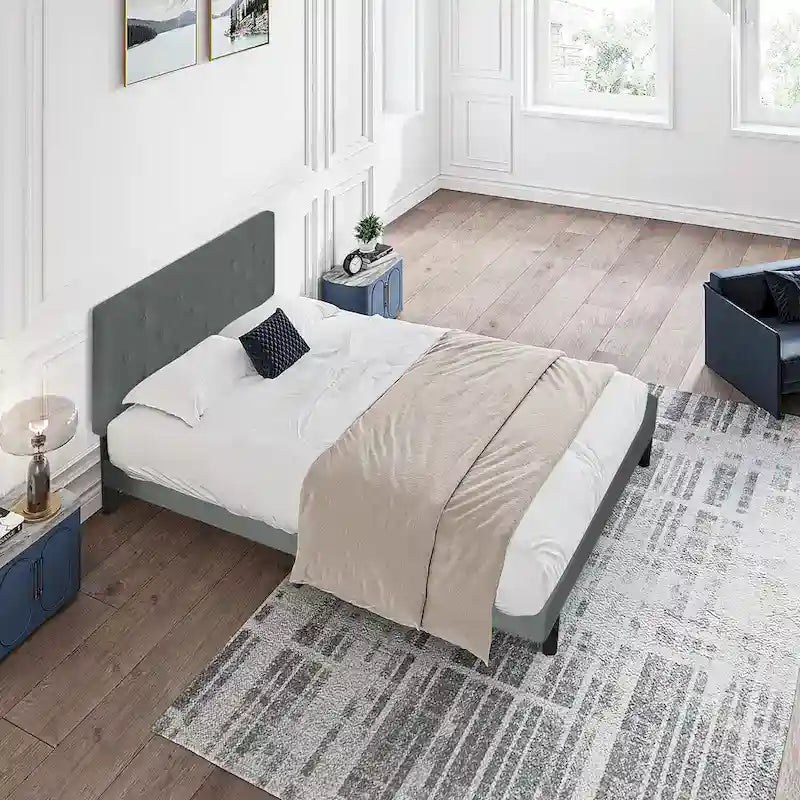Struttura letto imbottita singola grigio scuro con testiera in lino trapuntata a bottoni