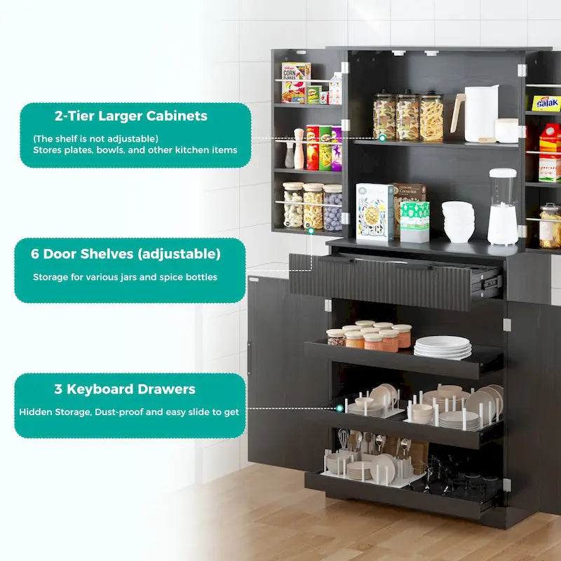 Dispensa da cucina alta 183 cm con 3 cassetti per tastiera, armadio indipendente con 6 ripiani regolabili e armadietto di stoccaggio