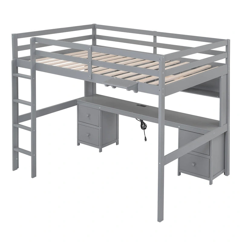 Letto a soppalco con scrivania, armadietti