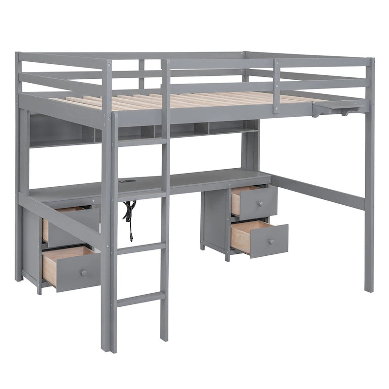 Letto a soppalco con scrivania, armadietti